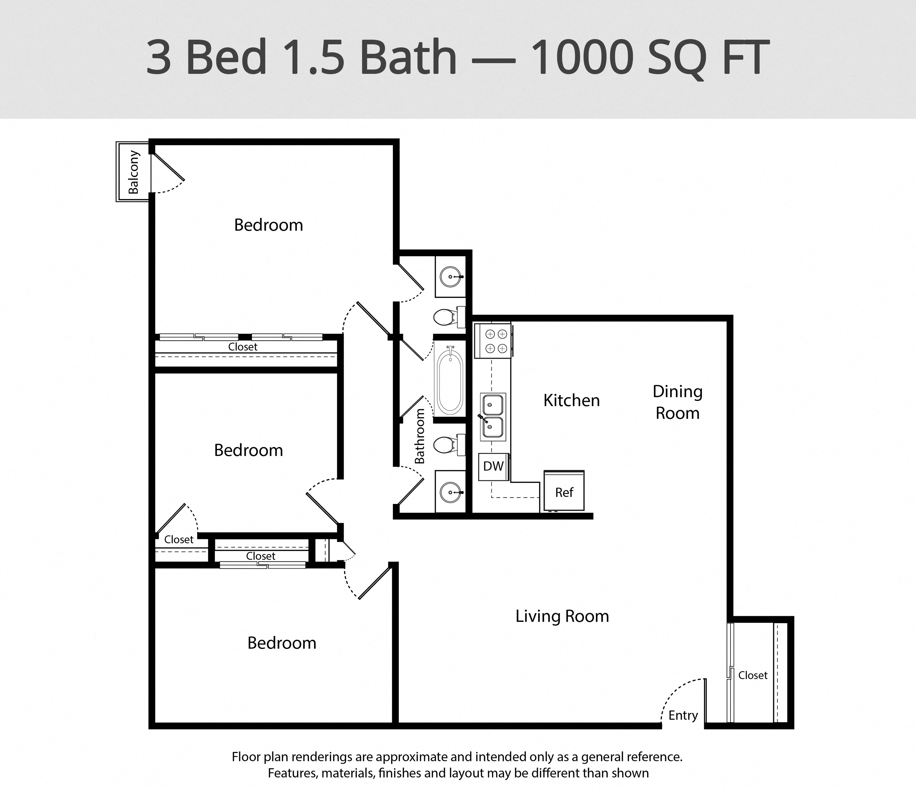 Floor plan for 3 beds, 1.5 baths, 1000 sqft